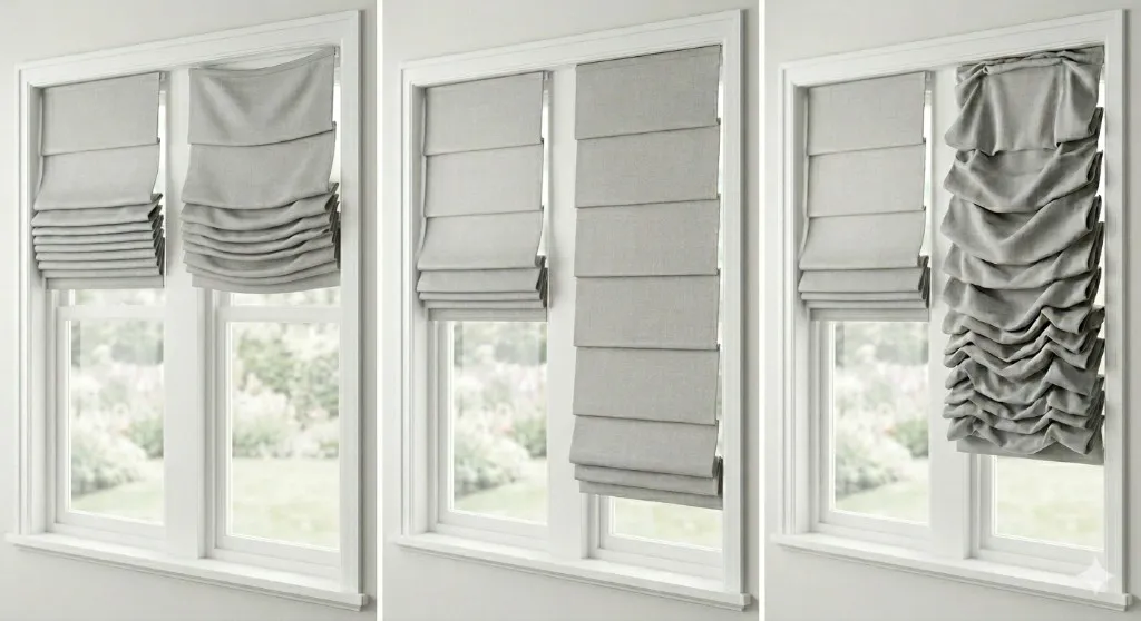 Three Roman blinds side by side, illustrating how the top rail, fabric pleats, and lifting cord can each fail: a dropped rail, bunched excess fabric, and a blind sitting too low on the cord.