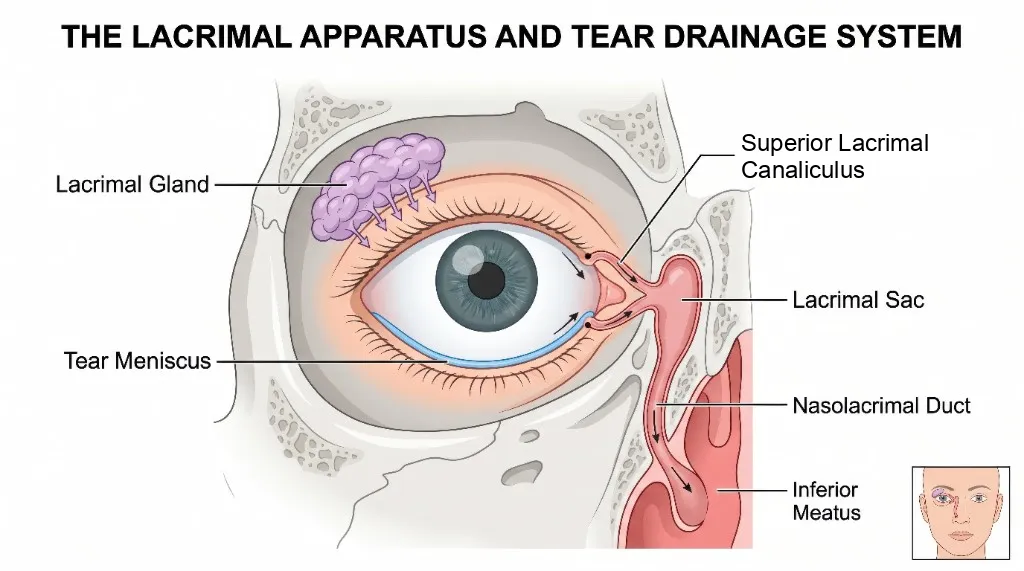 Diagram of the lacrimal apparatus and tear drainage system. The lacrimal gland sits above and lateral to the eye. Tears cross the eye and collect in the tear meniscus along the lower lid, drain through the superior and inferior canaliculi at the inner corner into the lacrimal sac, then down the nasolacrimal duct into the nose beneath the inferior turbinate, at the inferior meatus.