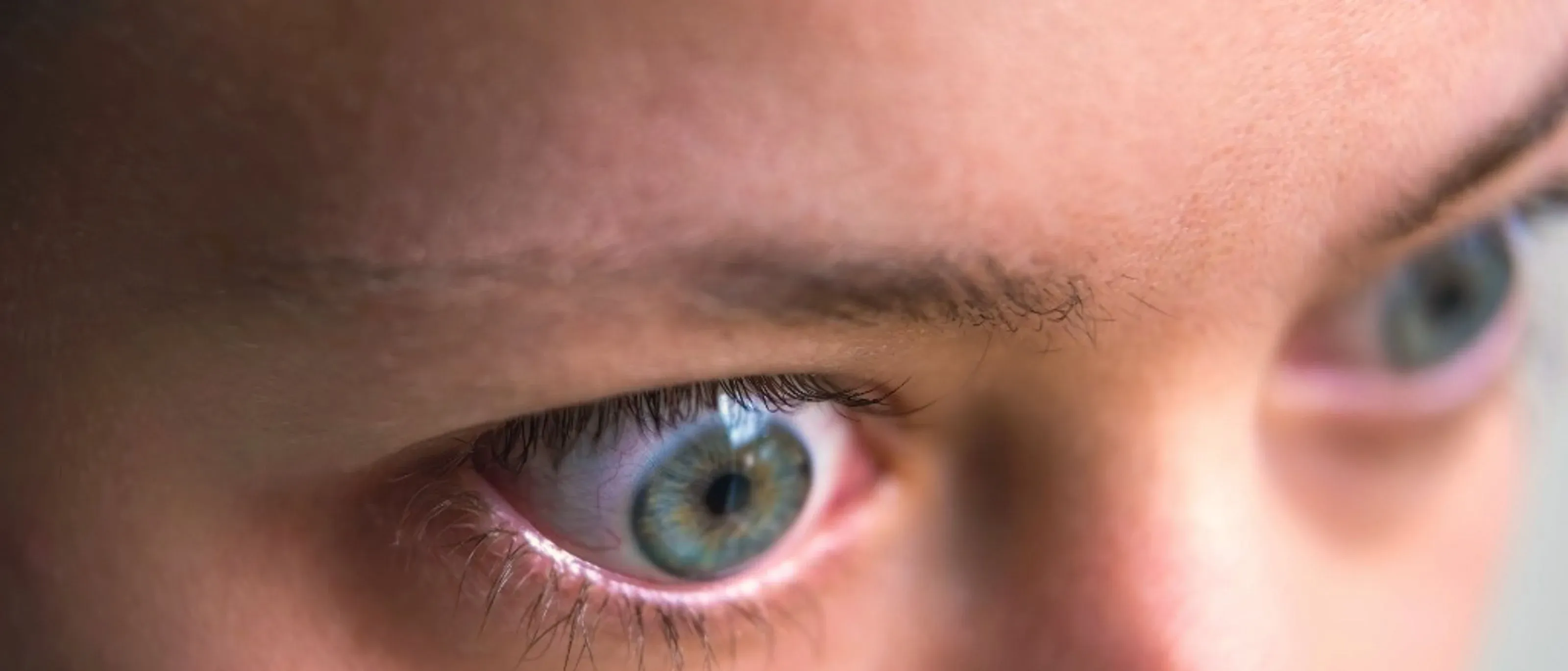 Close-up of an adult's blue-green eyes with natural lashes and brow (stock illustration).
